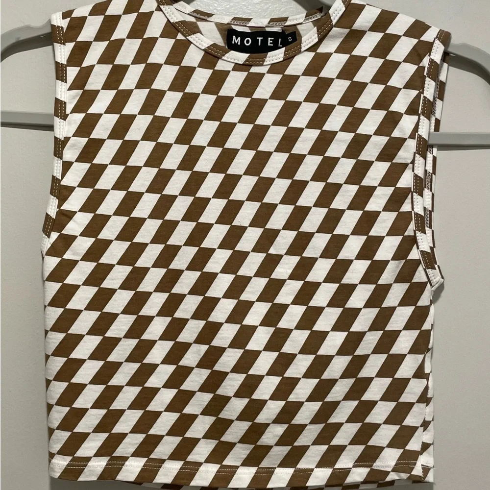 MOTEL Rocks Gimon Brown & White Checkered Crop Tank Top - S - Picture 5 of 11
